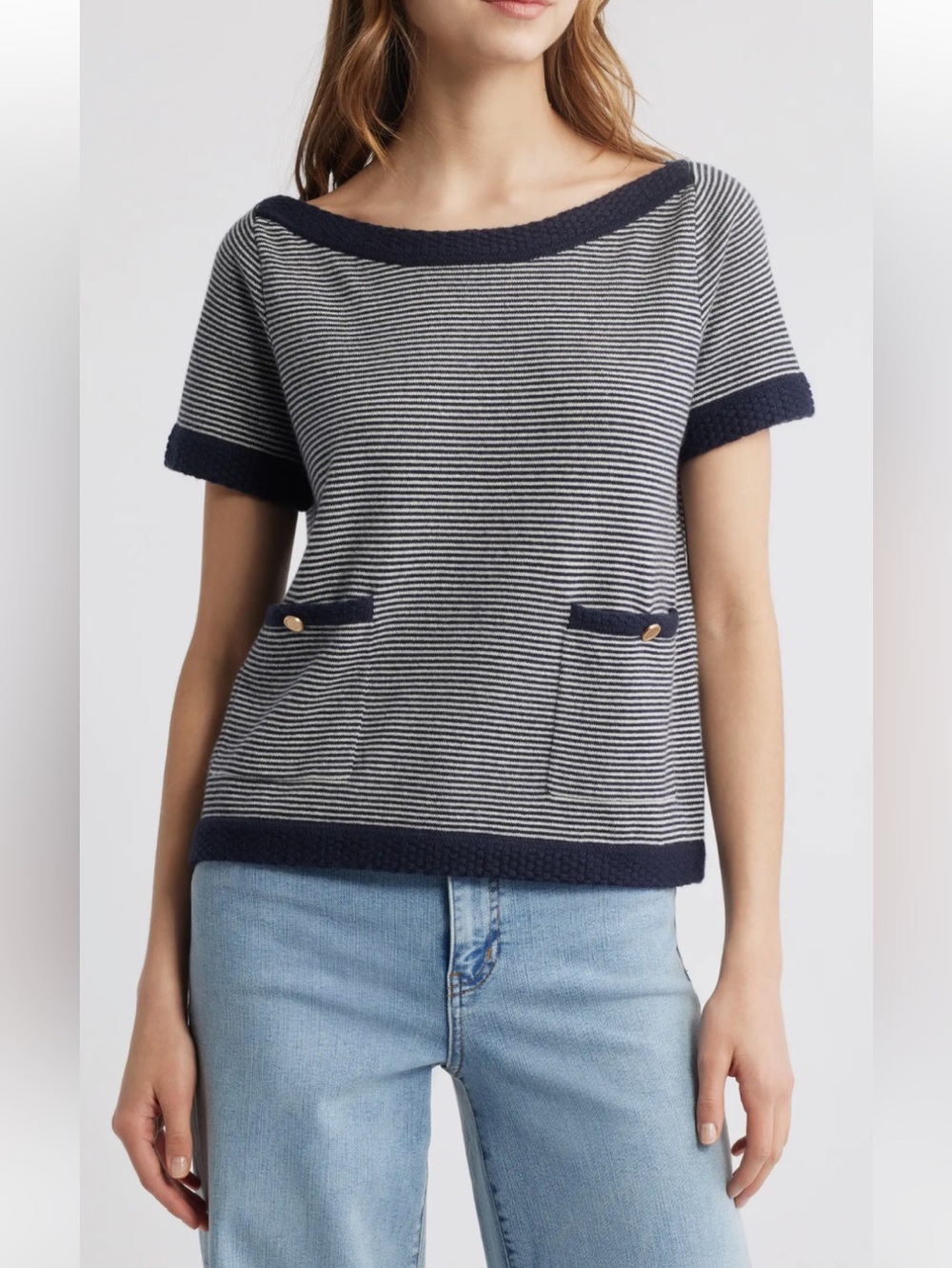 NWT $448 Frame Navy White Striped 100% Cashmere Top Sweater Gold Button size XS